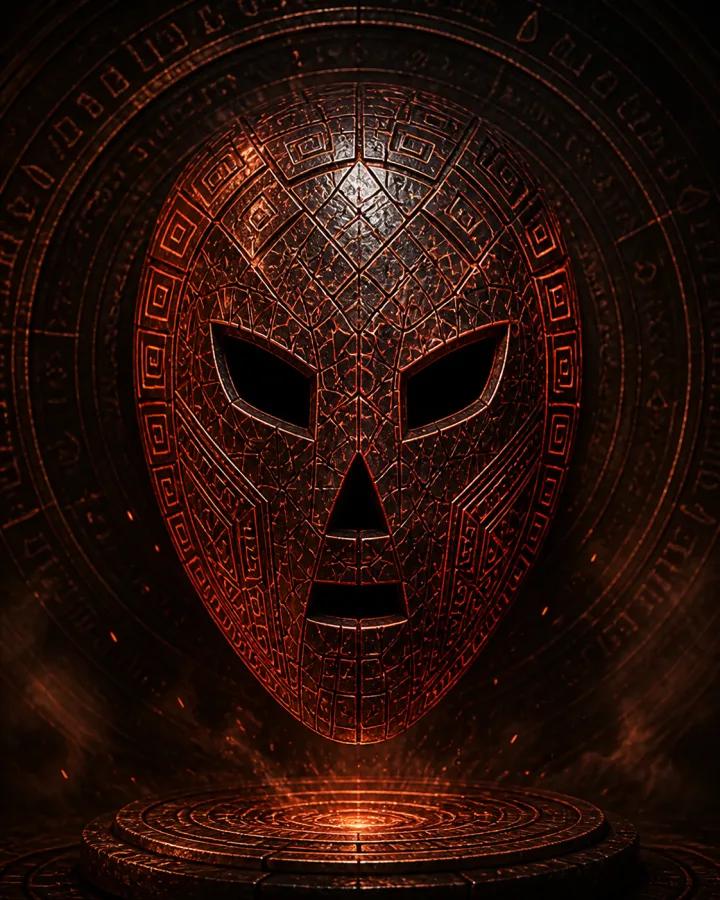 A forged crimson RivalMind mask powered by a written strategy